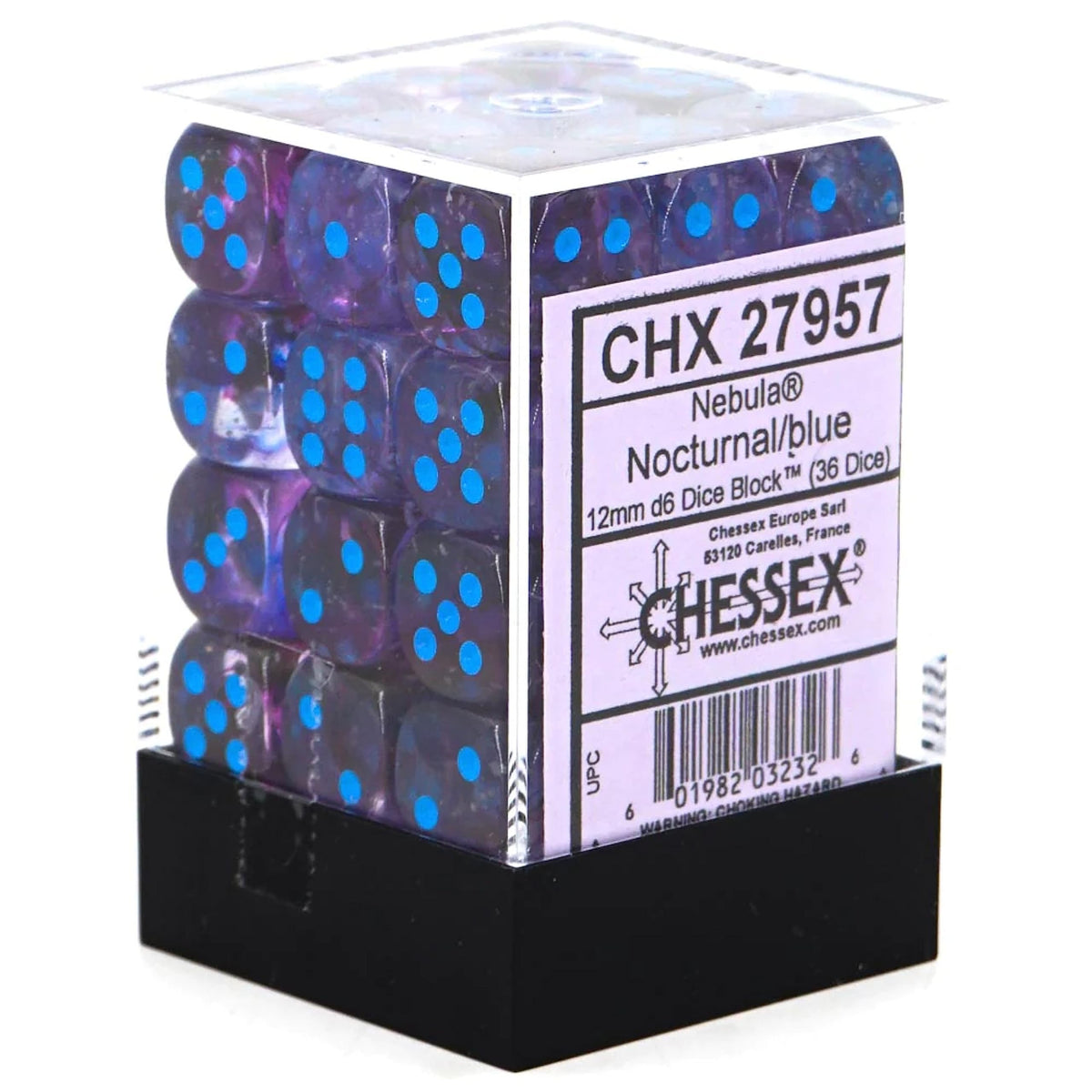 Chessex Nebula 12mm d6 dice block with glow-in-the-dark blue pips for night gaming.