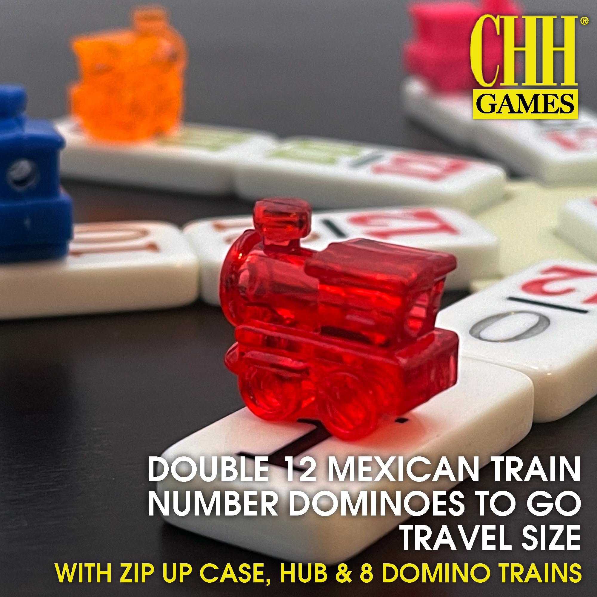 CHH travel-size domino tiles with readable numbers for clear gameplay on the go.