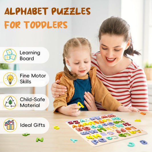 CHHQLZS wooden alphabet tiles arranged for letter recognition and fine motor practice