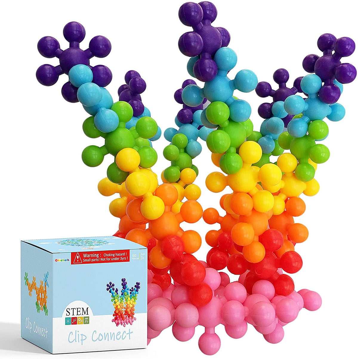 Chichalk Clip Connect 100-piece set in bright colors for imaginative play and fine motor development.