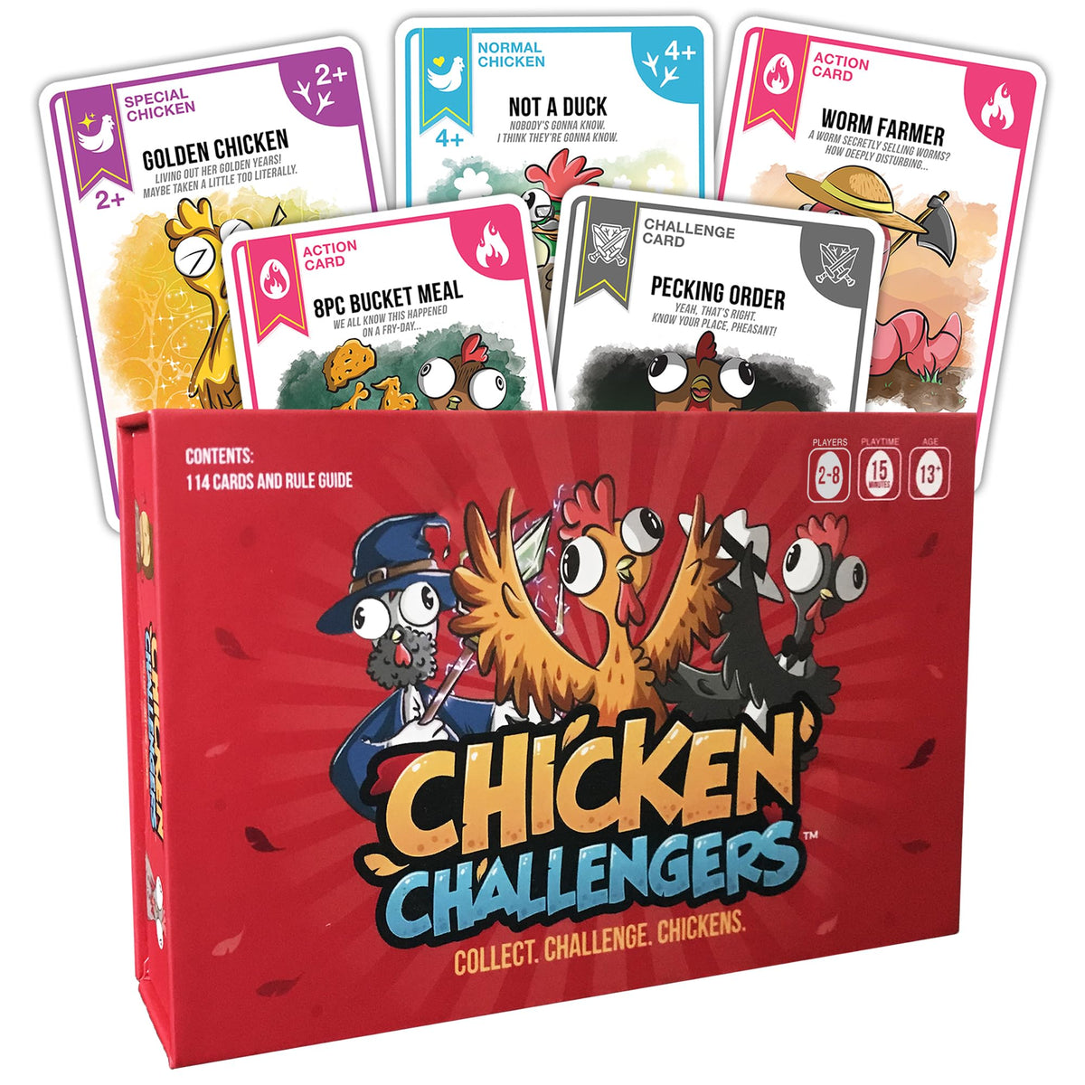 Chicken Challengers card game cover with vibrant art inviting family game night fun.