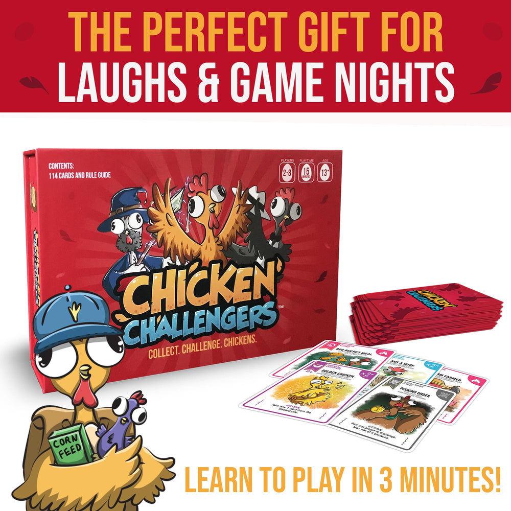 Chicken Challengers collect-challenge-conquer image shows dynamic deck of 114 unique cards.
