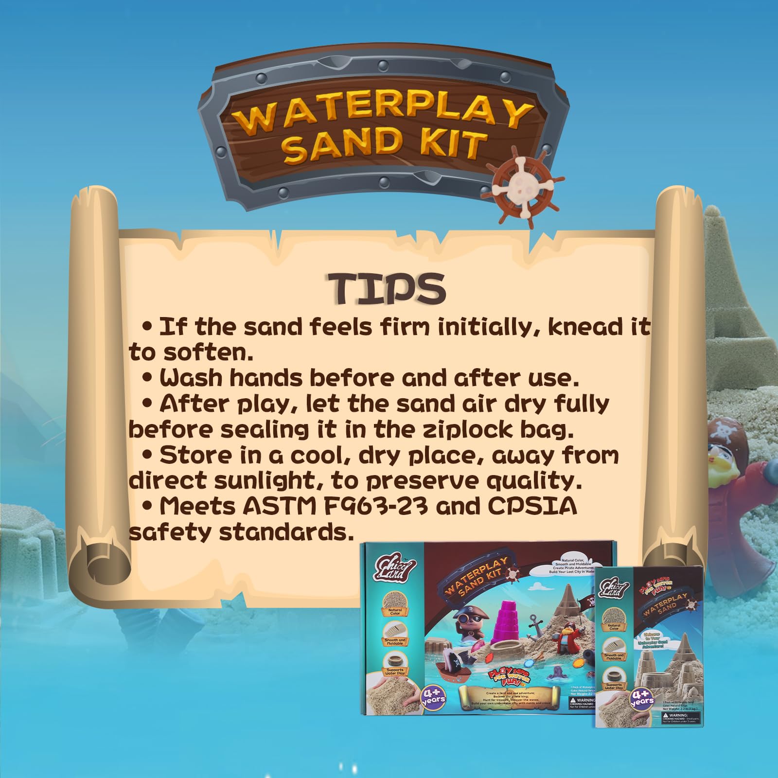 Chico Land open-tray storage keeps sand organized for reuse after play.