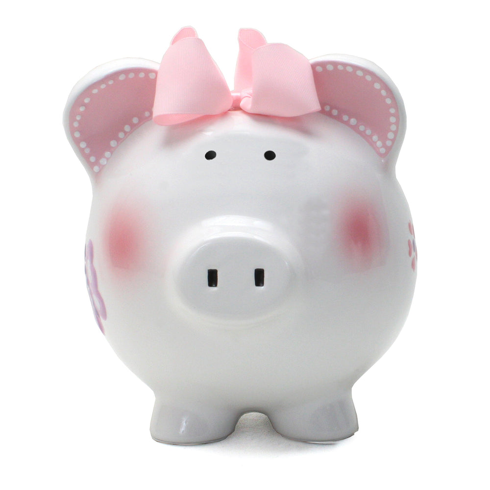 Child to Cherish butterfly piggy bank closeup shows vivid colors and glossy glaze