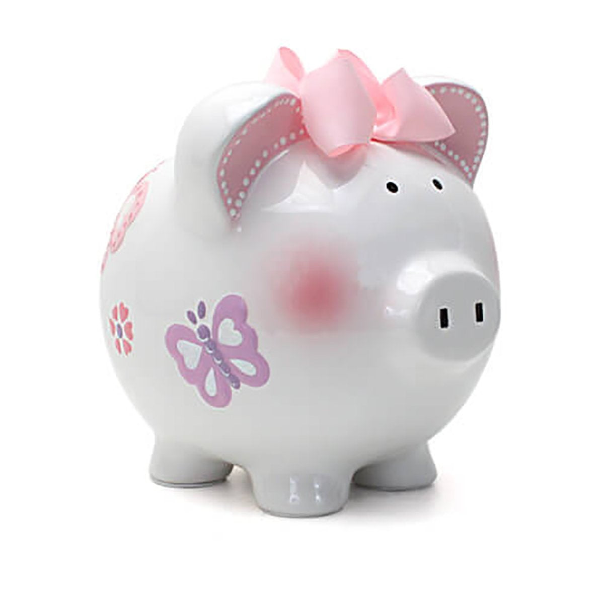 Child to Cherish butterfly piggy bank front view with vibrant hand-painted design for learning to save