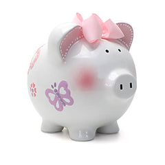 Child to Cherish butterfly piggy bank front view with vibrant hand-painted design for learning to save