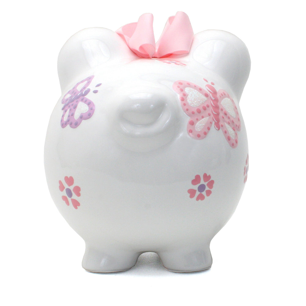 Child to Cherish butterfly piggy bank side angle highlighting durable ceramic and kid-friendly size