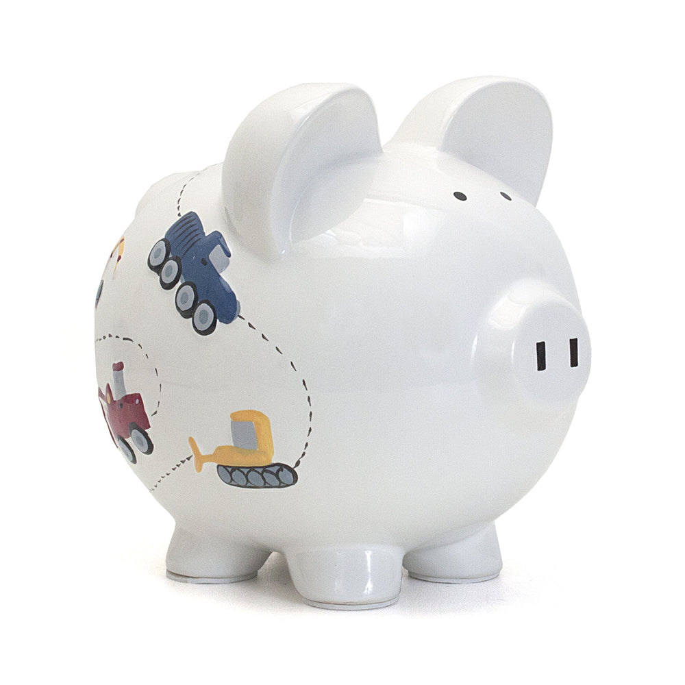 Child to Cherish construction truck piggy bank front view promotes saving.