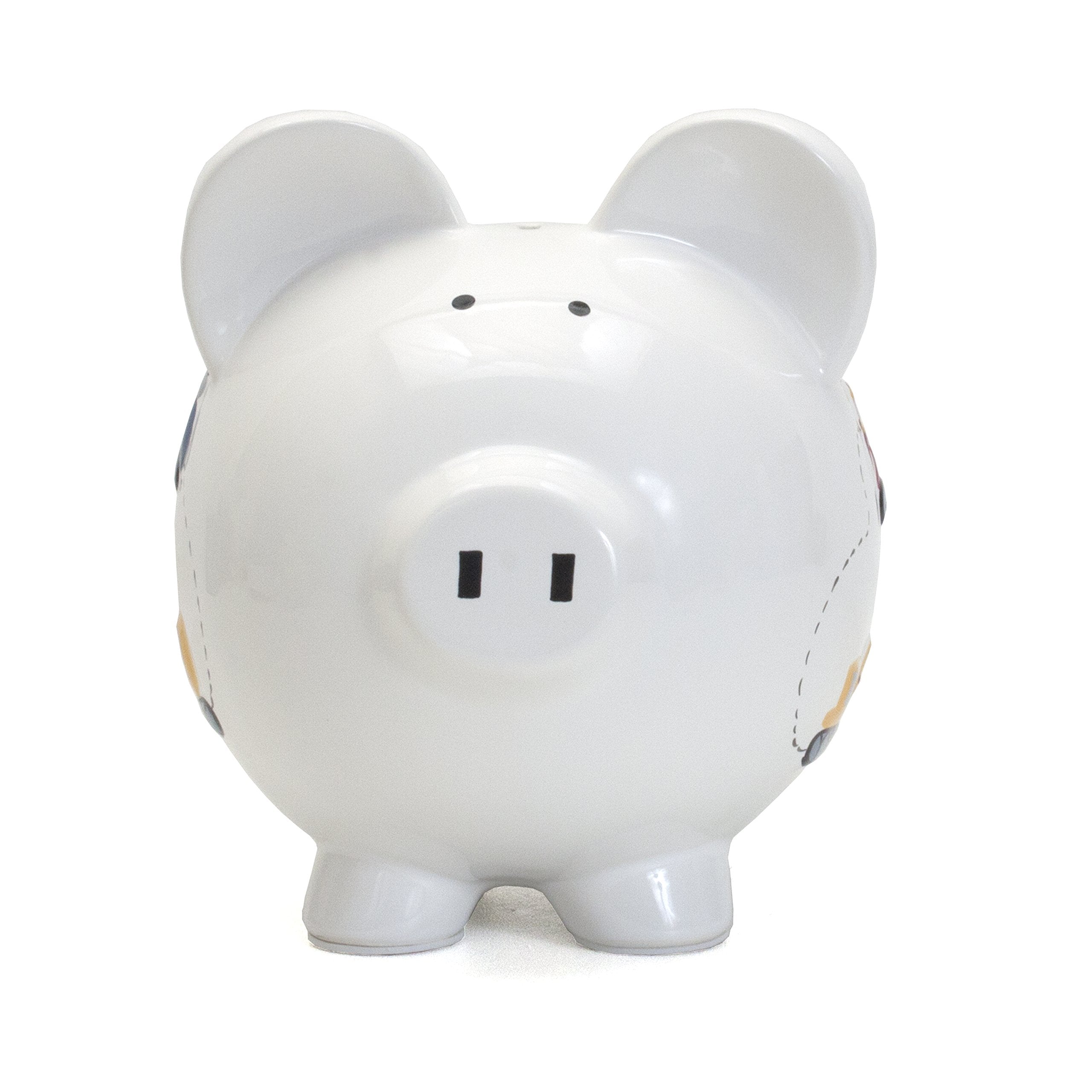 Child to Cherish construction truck piggy bank rear view highlights roomy coin capacity.