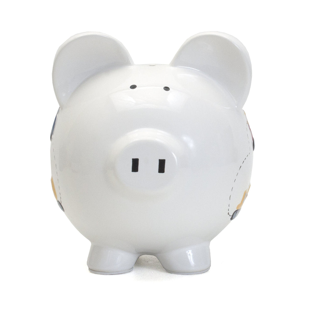 Child to Cherish construction truck piggy bank rear view highlights roomy coin capacity.