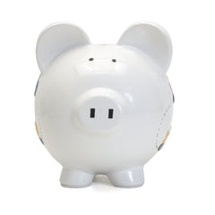Child to Cherish construction truck piggy bank rear view highlights roomy coin capacity.