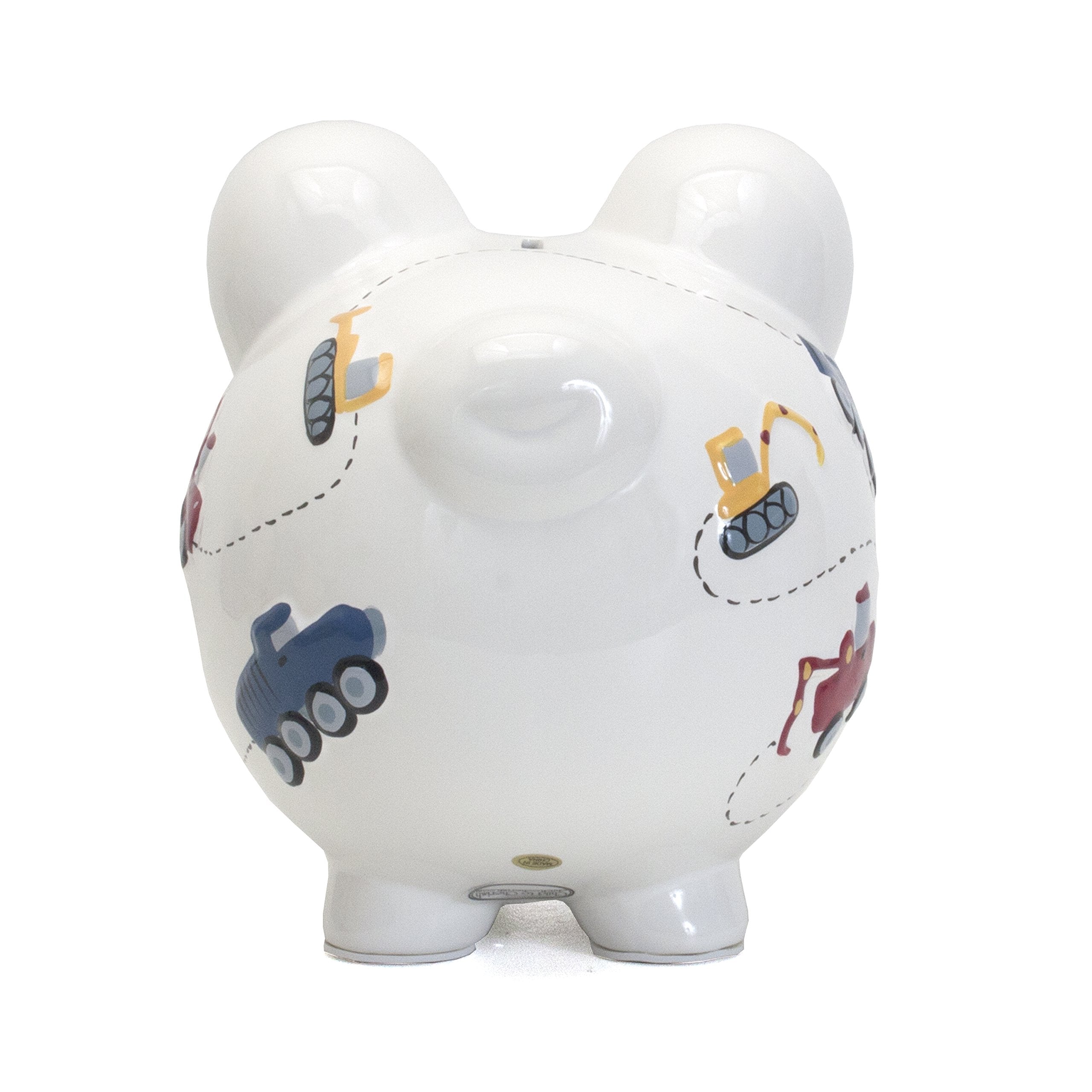 Child to Cherish construction truck piggy bank side view shows durable ceramic design.
