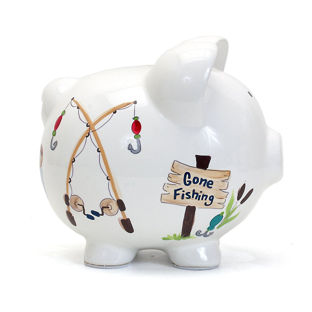 Child to Cherish Gone Fishing piggy bank, bottom stopper for easy coin retrieval.