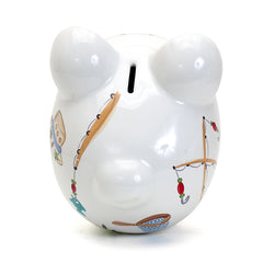 Child to Cherish Gone Fishing piggy bank, 8x7 inches compact display size.