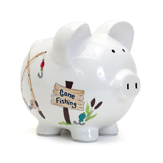 Child to Cherish Gone Fishing piggy bank, front view, glossy glaze for stylish savings.