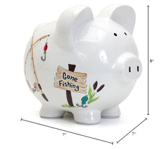 Child to Cherish Gone Fishing piggy bank, nursery decor display suitable as a gift.