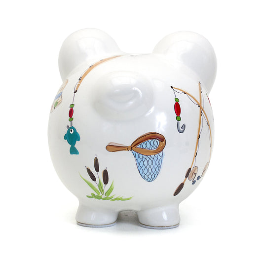 Child to Cherish Gone Fishing piggy bank, side view highlighting watercolor design.