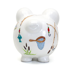 Child to Cherish Gone Fishing piggy bank, side view highlighting watercolor design.