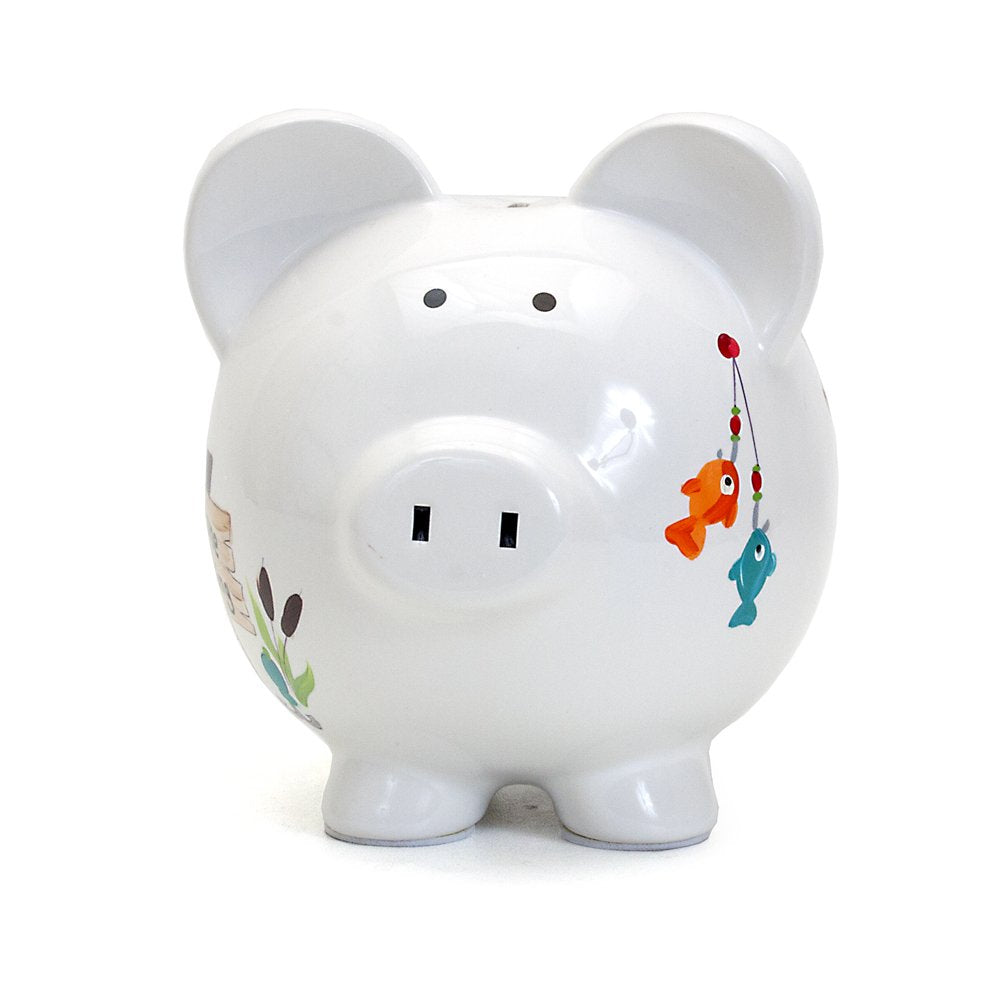 Child to Cherish Gone Fishing piggy bank, top coin slot for easy deposits.