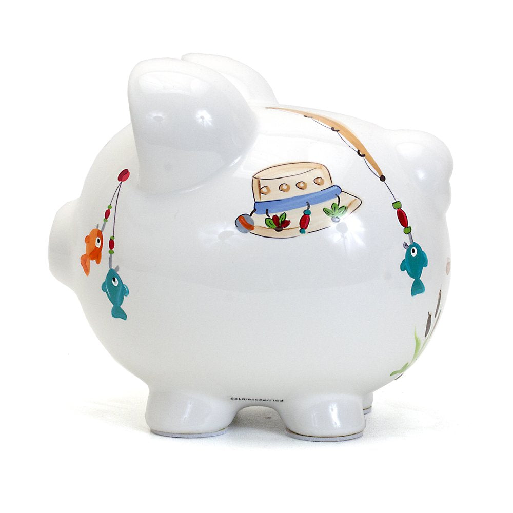 Child to Cherish Gone Fishing piggy bank, watercolor design enhances nursery decor.