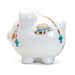 Child to Cherish Gone Fishing piggy bank, watercolor design enhances nursery decor.