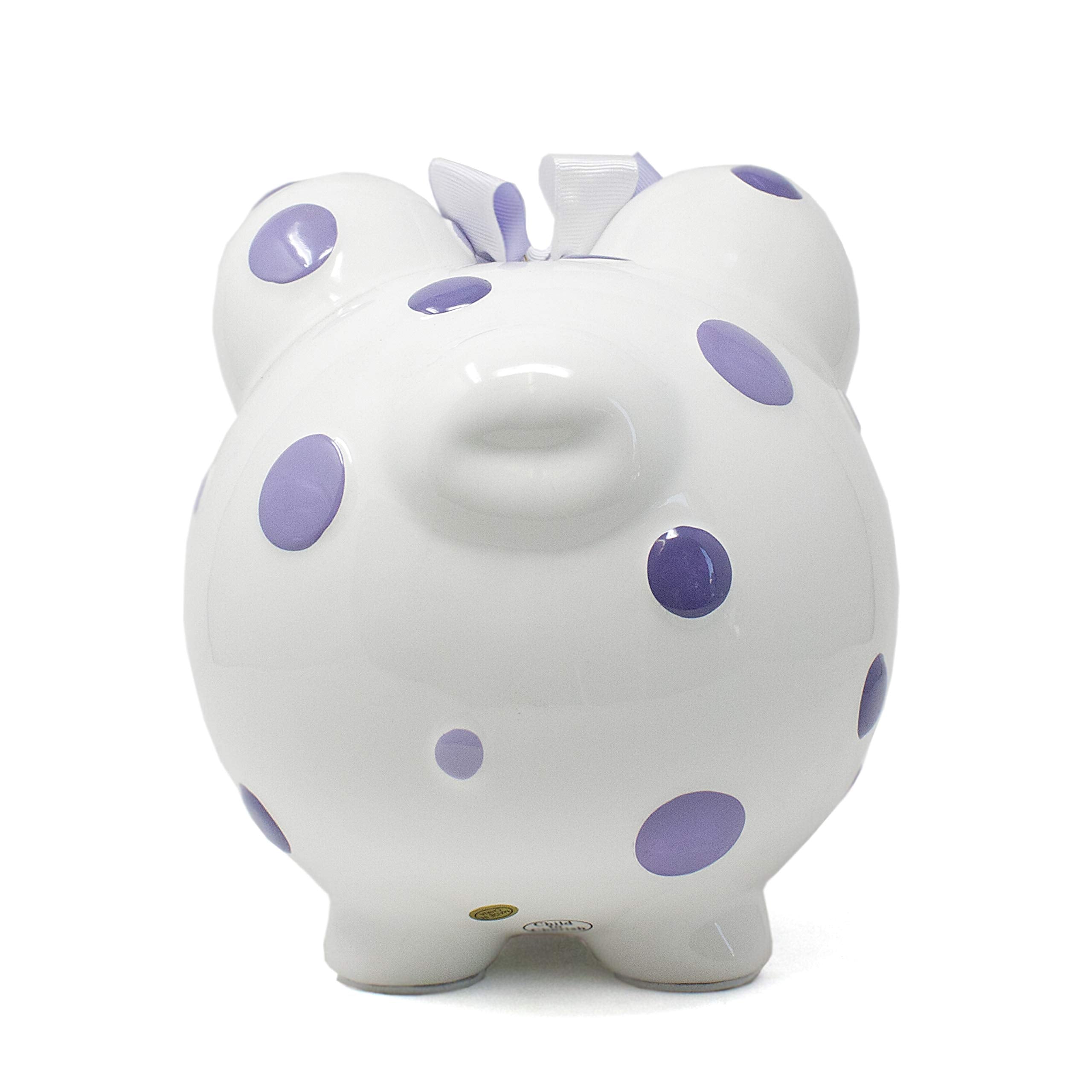 Child to Cherish piggy bank with purple polka dots highlights display-friendly 8x7 inch size.