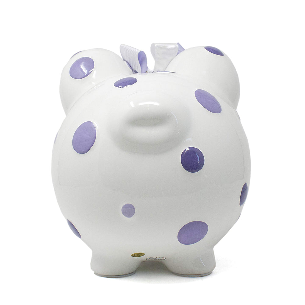 Child to Cherish piggy bank with purple polka dots highlights display-friendly 8x7 inch size.