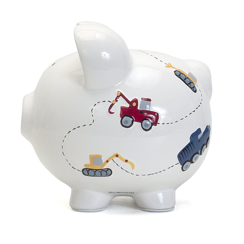 Child to Cherish piggy bank close-up showcases white ceramic finish.