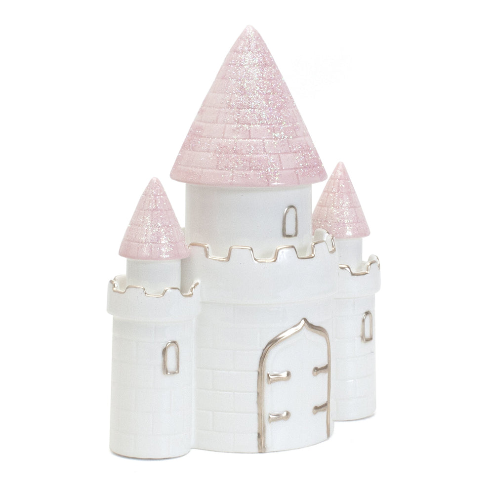 Child to Cherish pink ceramic piggy bank featuring castle design, ideal for saving.