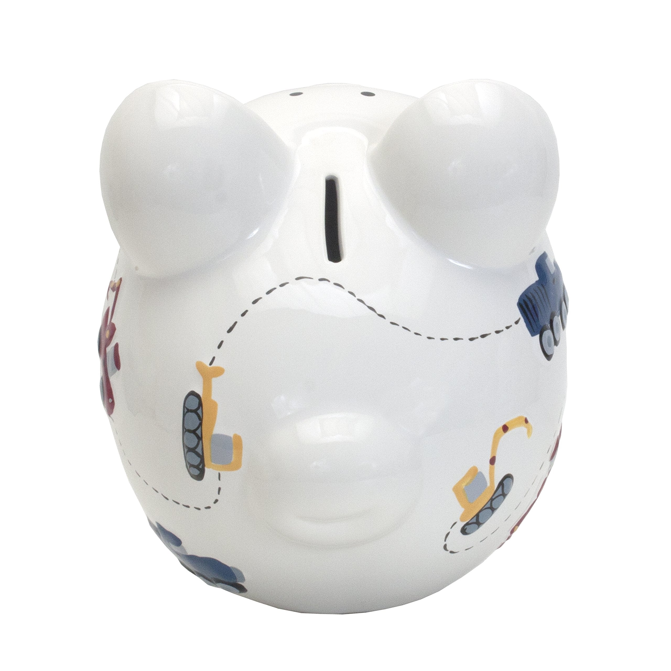Child to Cherish white ceramic piggy bank detail with vehicle decals.