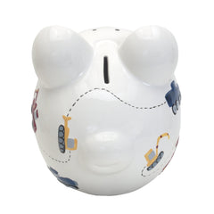 Child to Cherish white ceramic piggy bank detail with vehicle decals.