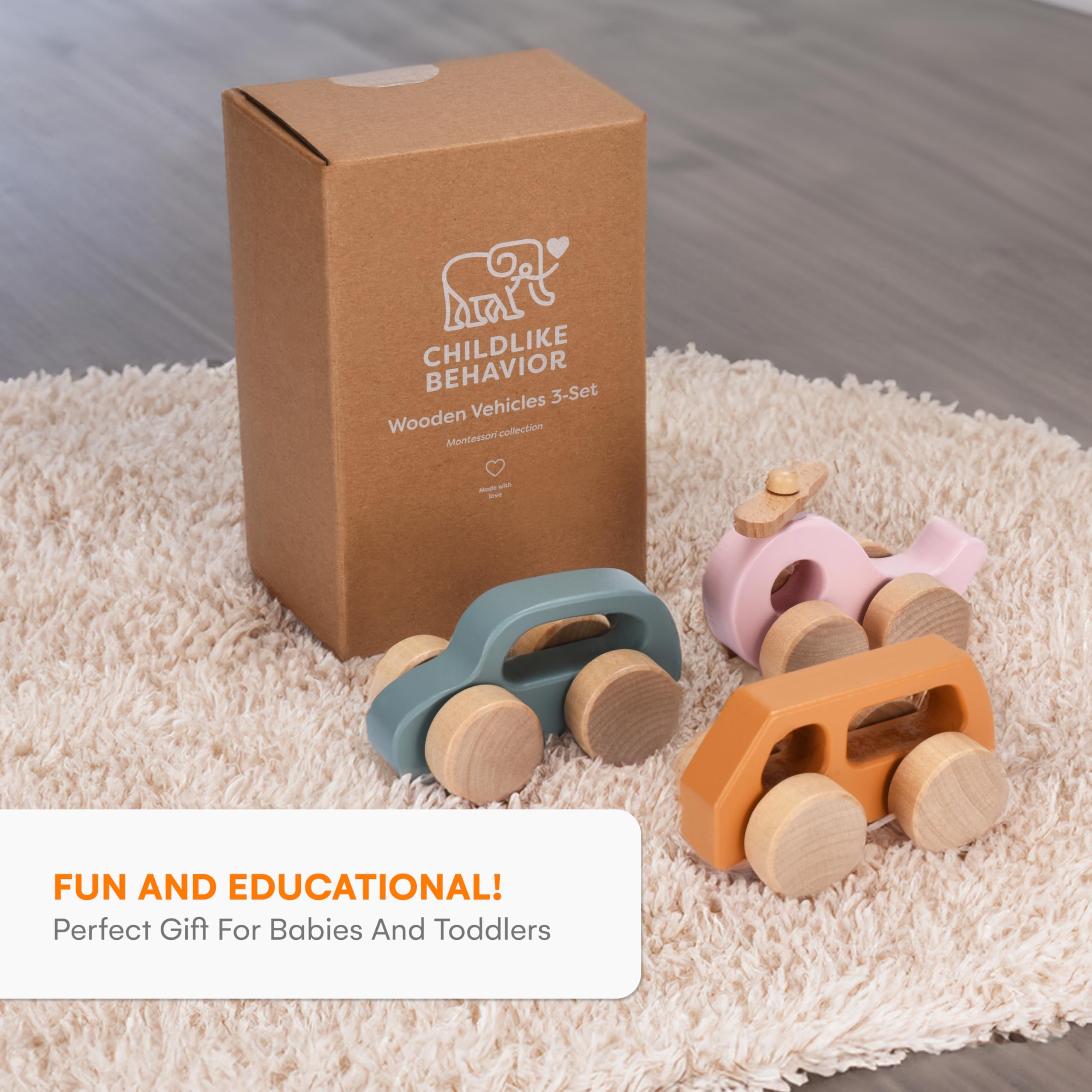 Gift-ready CHILDLIKE BEHAVIOR wooden car set for birthdays and holidays