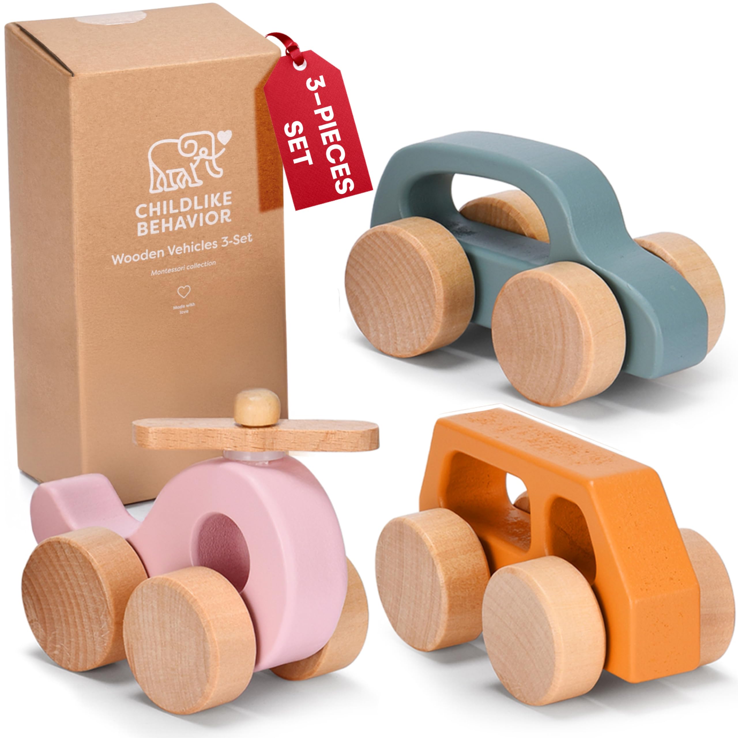 CHILDLIKE BEHAVIOR set of 3 wooden push cars and helicopter for imaginative play and fine motor skills