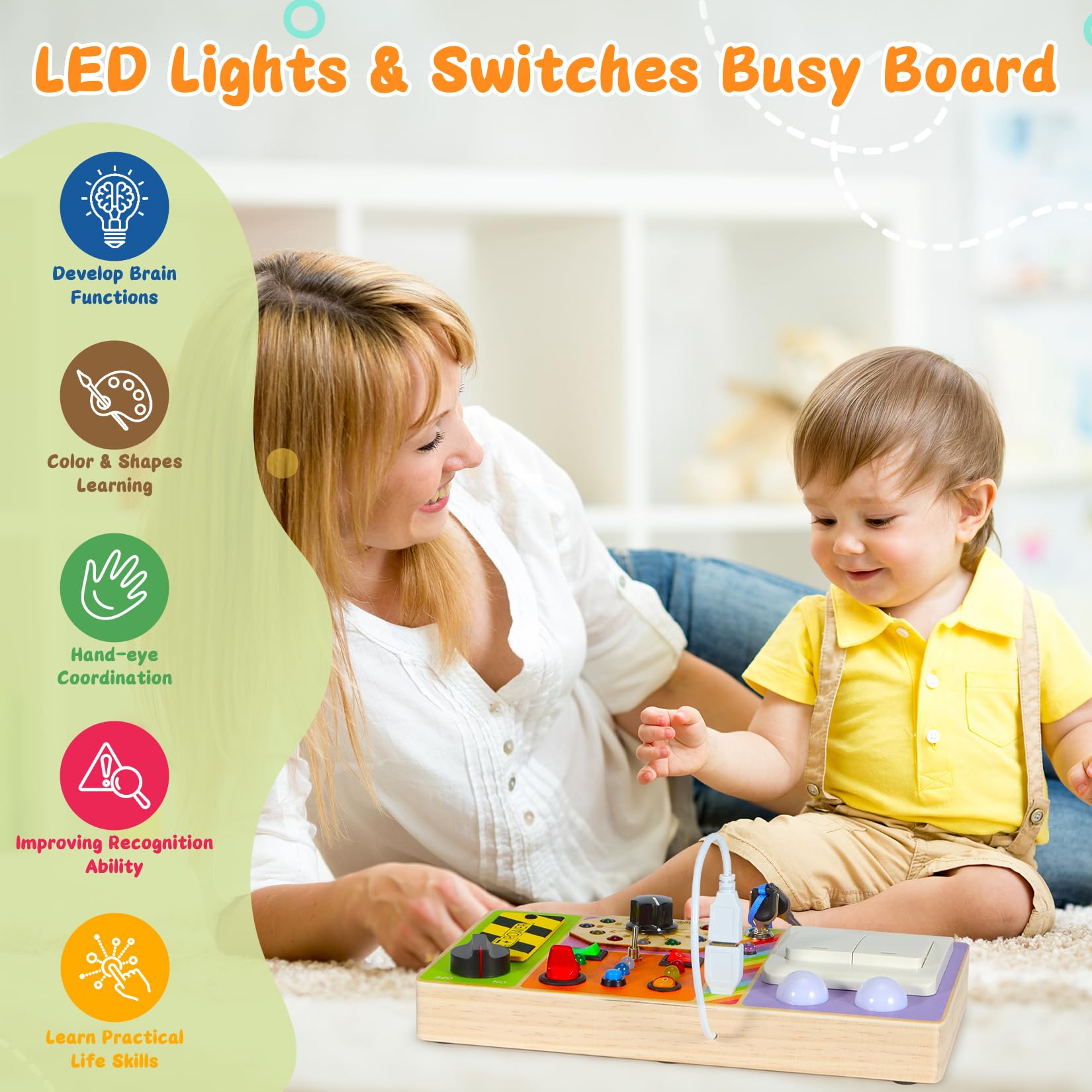 Chillife Busy Board Buttons and Switches engage fine motor skills during hands-on learning.