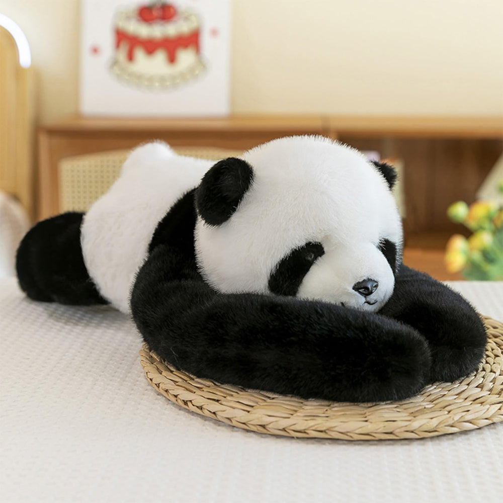 Chilsoby Panda plush pillow used as decor or lumbar support on a sofa