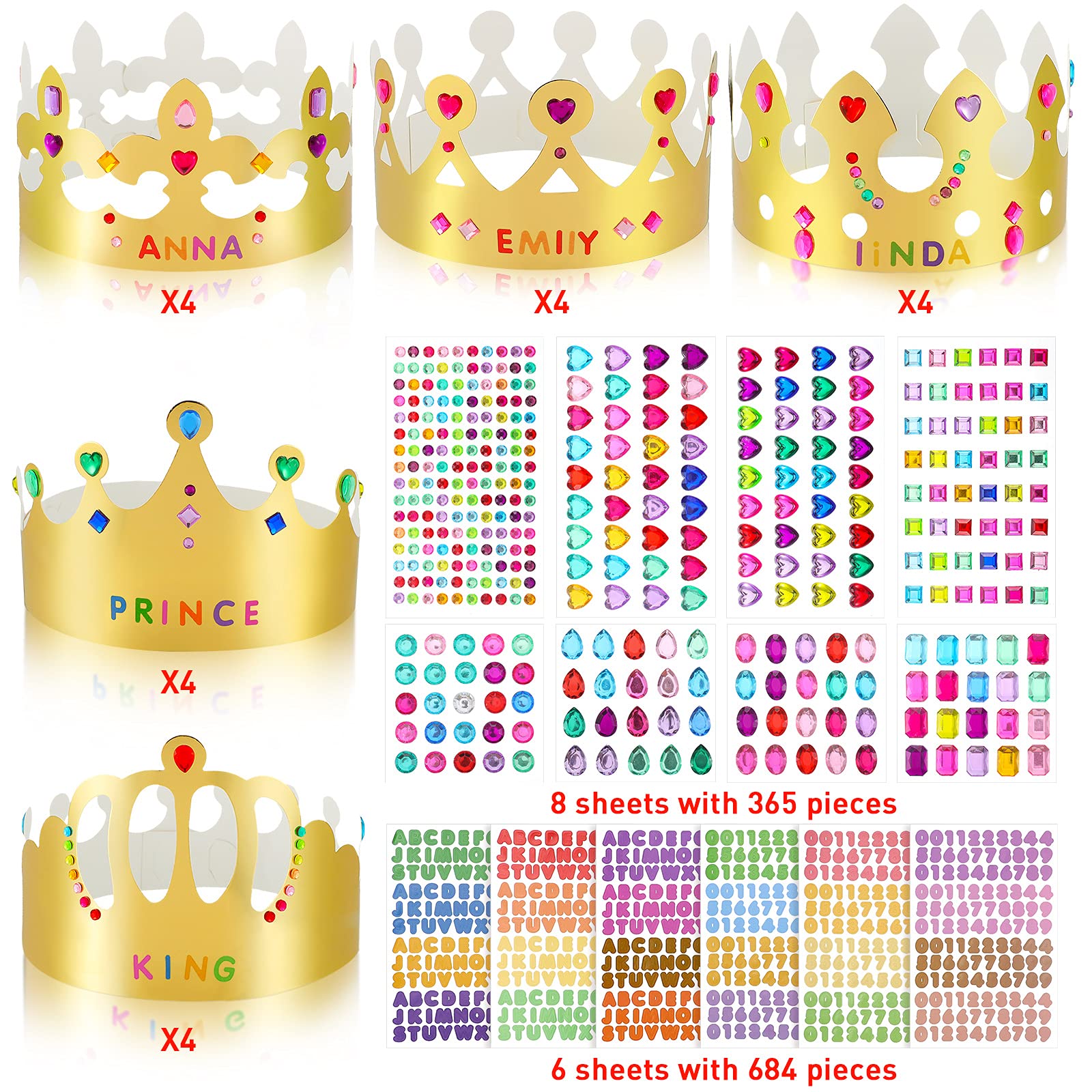 Chinco classic gold crowns with gems and stickers for DIY decoration.