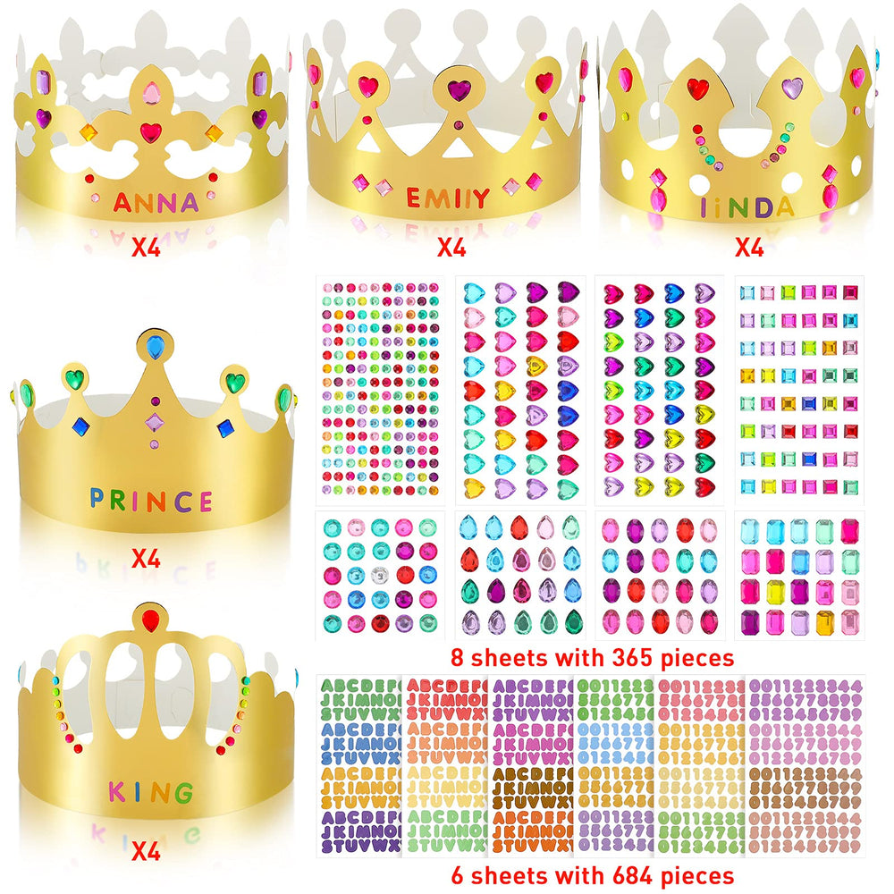 Chinco classic gold crowns with gems and stickers for DIY decoration.