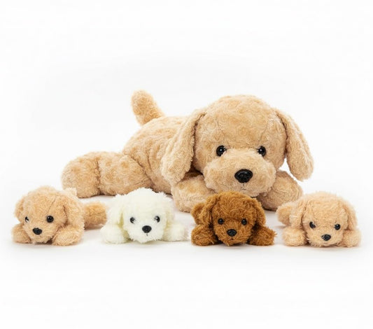 Chirpy Chums mommy Labradoodle with four puppies belly reveal for cuddles.