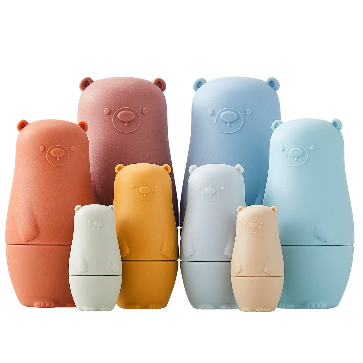 Chivao bear nesting dolls outermost doll in bright silicone color, soothing tactile play for toddlers.