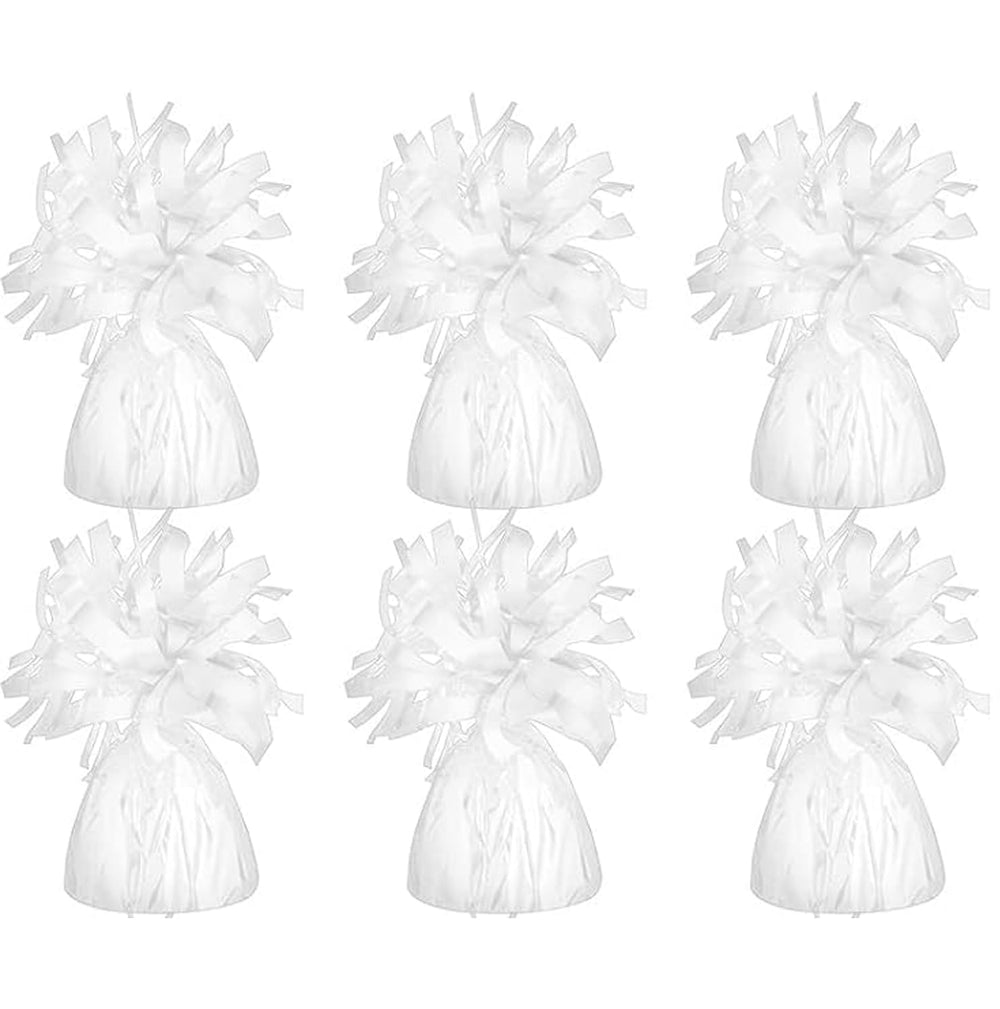 Chochkees white metallic balloon weights six-pack for durable party decor and secure balloons.