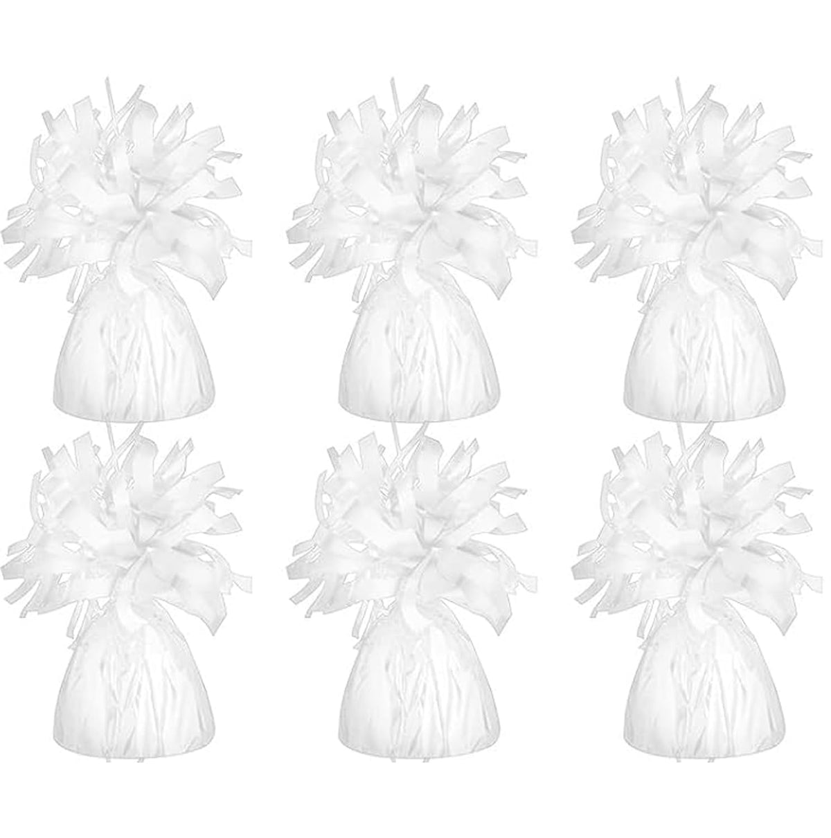 Chochkees white metallic balloon weights six-pack for durable party decor and secure balloons.