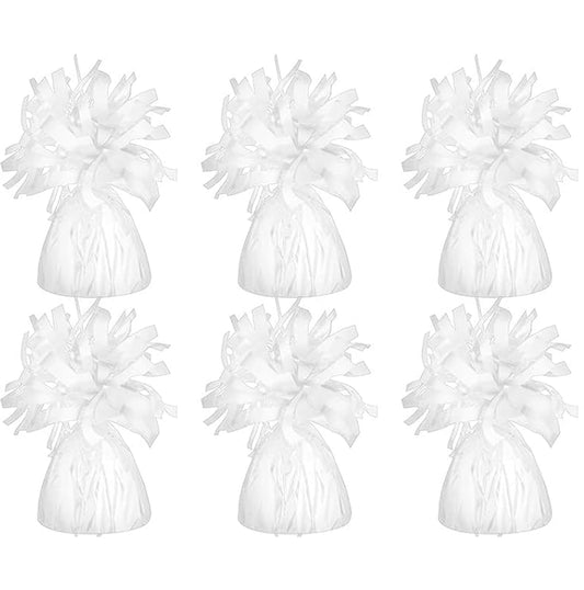 Chochkees white metallic balloon weights six-pack for durable party decor and secure balloons.