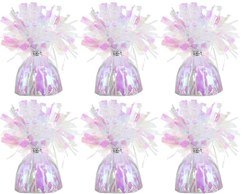 Chochkees pink iridescent balloon weights secure balloons for six-pack party setups.