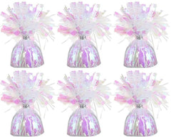 Chochkees pink iridescent balloon weights secure balloons for six-pack party setups.