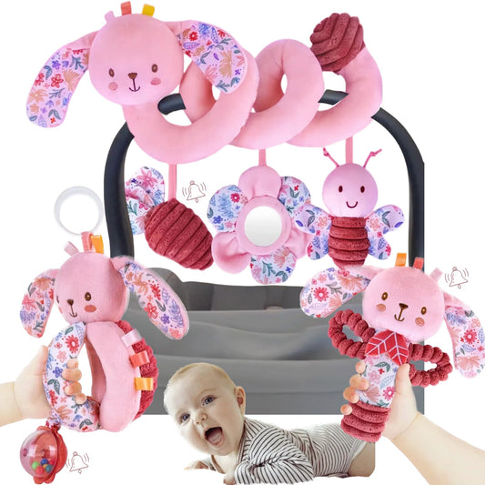 Chochumy bunny spiral car seat toy with flower promotes visual tracking and tactile play.