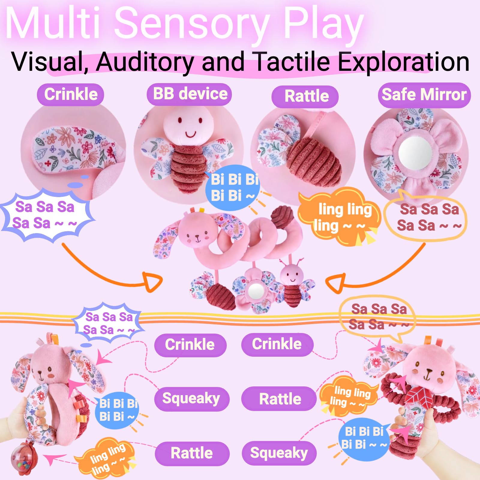 Chochumy carrot plush toy invites grasping and sensory exploration on the go.