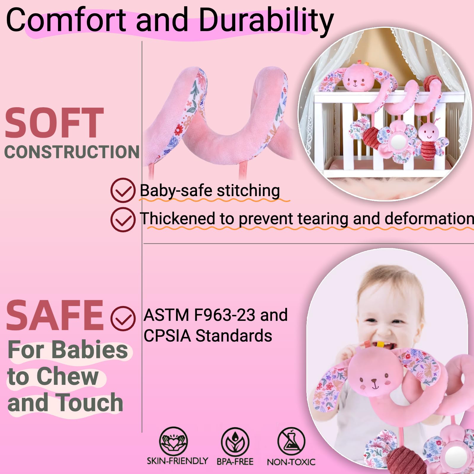 Chochumy Spiral Car Seat Toy mixed fabrics, rich tactile variety sparks curiosity on the go