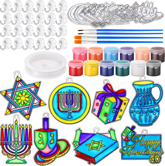 Cholemy Hanukkah sun catcher kit with 24 paintable suncatchers for personalized holiday decor.