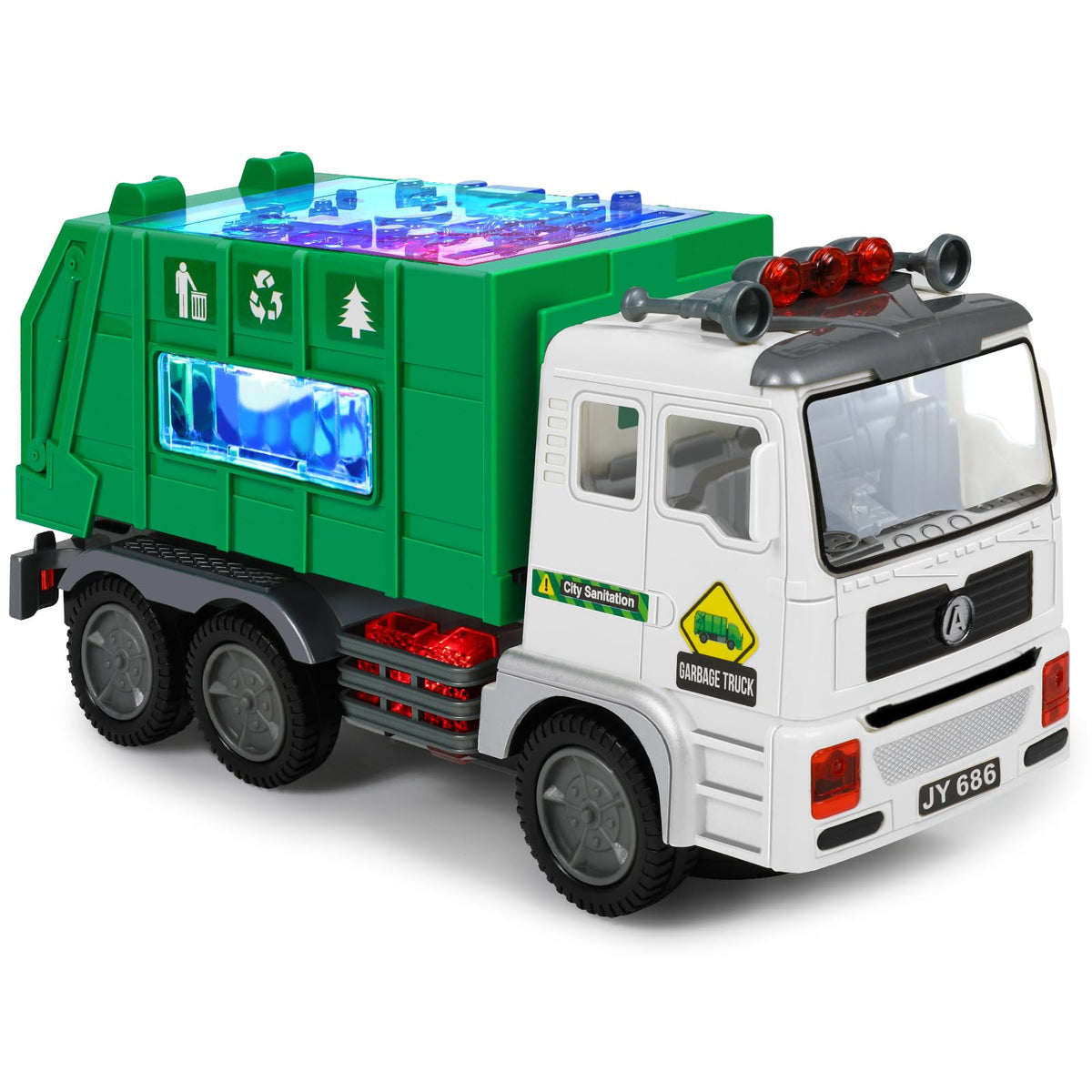 Choopheme garbage truck toy with music and LED lights, front view for interactive play.