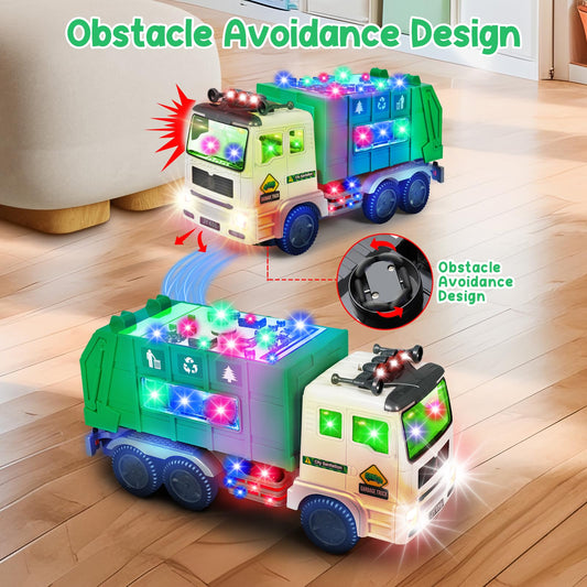 Choopheme garbage truck toy with music and LED lights, side view showing durable build.